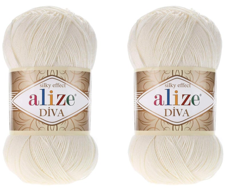 Alize Diva Hand Knitting Yarn - 100% Microfiber Acrylic With Silk Effect - Crochet Art Lace Craft - 2 Skeins, 200gr, 767 Yds (62-Light Cream)