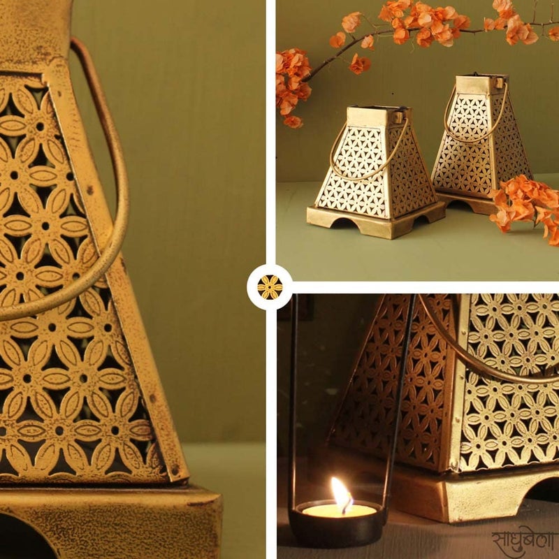 SADHUBELA Sadhubela Antique Golden Maya LanternSet of 2 Pyramid Shaped Candle Lanterns of Mayan Temple Wrought Iron  - Image 3