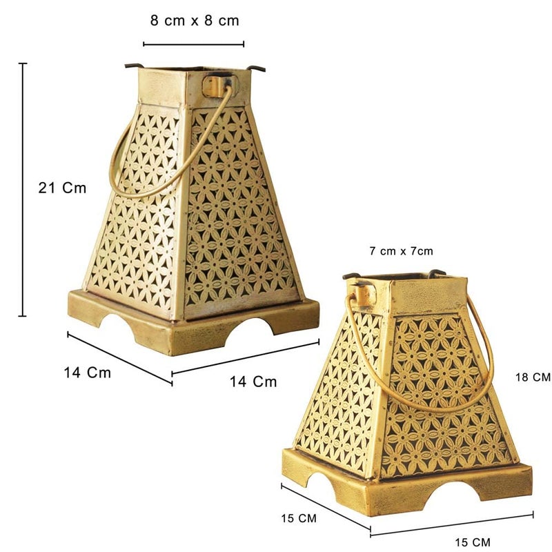 SADHUBELA Sadhubela Antique Golden Maya LanternSet of 2 Pyramid Shaped Candle Lanterns of Mayan Temple Wrought Iron  - Image 4
