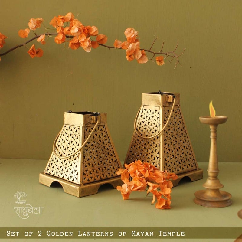 SADHUBELA Sadhubela Antique Golden Maya LanternSet of 2 Pyramid Shaped Candle Lanterns of Mayan Temple Wrought Iron  - Image 5