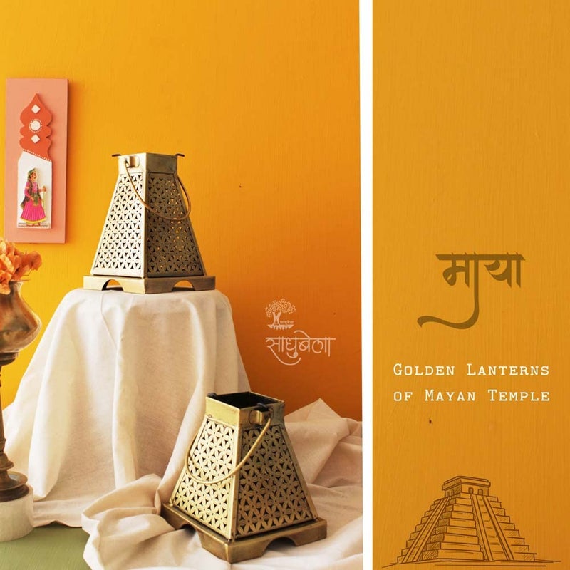 SADHUBELA Sadhubela Antique Golden Maya LanternSet of 2 Pyramid Shaped Candle Lanterns of Mayan Temple Wrought Iron  - Image 2