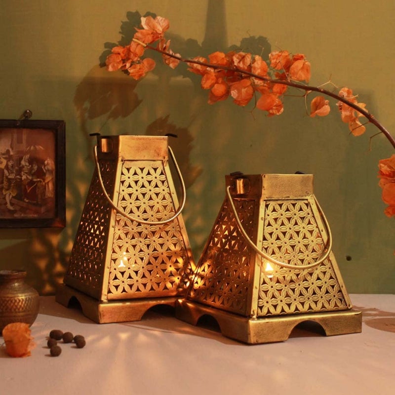 SADHUBELA Sadhubela Antique Golden Maya LanternSet of 2 Pyramid Shaped Candle Lanterns of Mayan Temple Wrought Iron  - Image 1