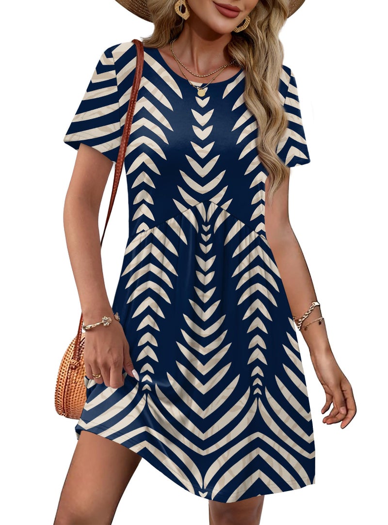 OFEEFAN Elegant Dresses for Women Casual Party Dresses for Women Short Sleeve Empire Waist Dress Navy Print L - Image 5