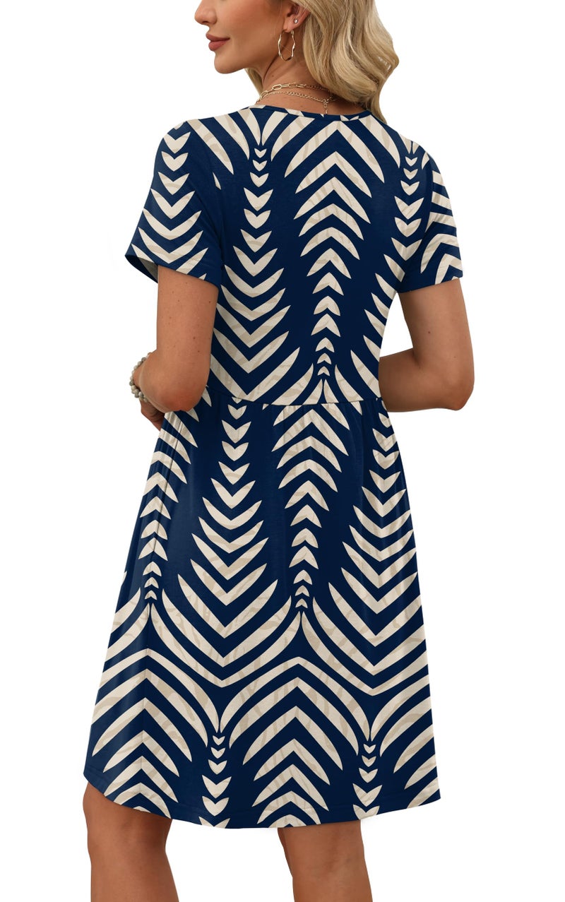 OFEEFAN Elegant Dresses for Women Casual Party Dresses for Women Short Sleeve Empire Waist Dress Navy Print L - Image 4