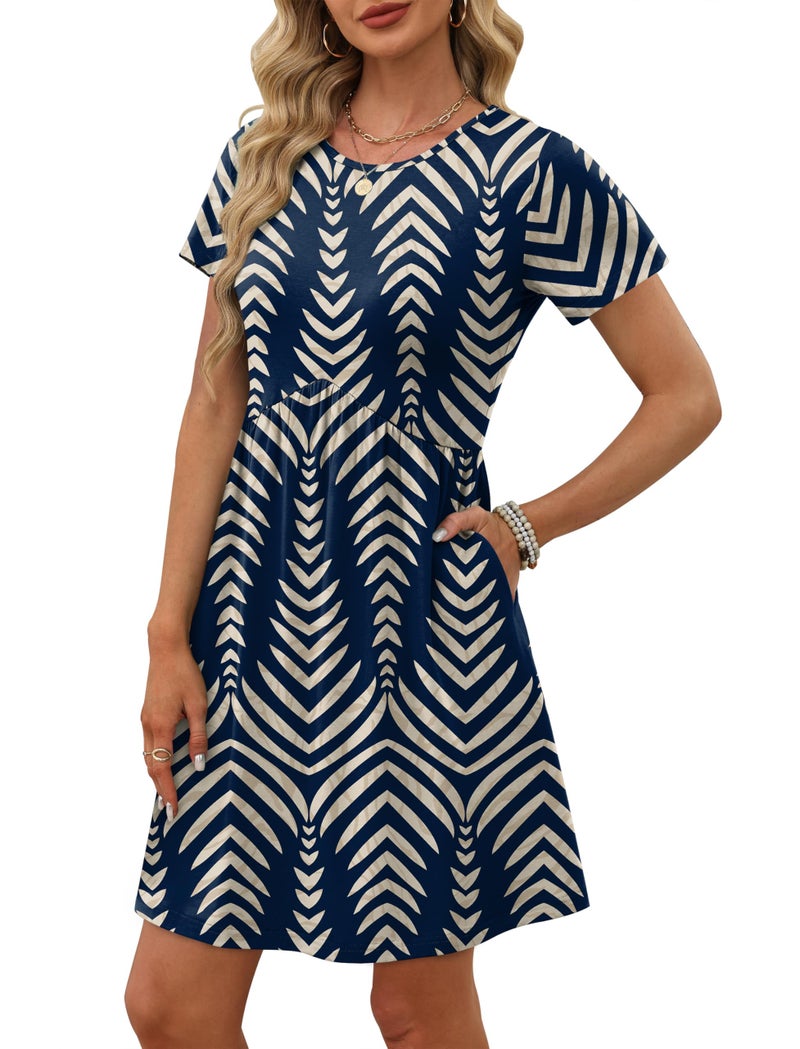 OFEEFAN Elegant Dresses for Women Casual Party Dresses for Women Short Sleeve Empire Waist Dress Navy Print L - Image 3