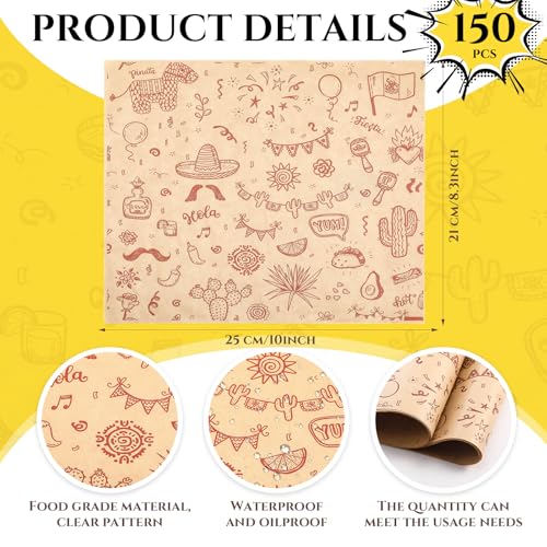 PerKoop 150 Pcs 10 x 83 Inch Deli Wax Paper Sheets Sandwich Wrapping Paper Sheets Mexican Festival Picnic Basket Liners for Food Greaseproof Breads Burgers Bakery Tissue Kitchen Brown - Image 5