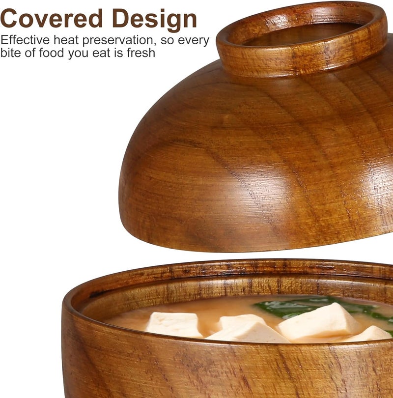 Luxshiny Miso Bowl with Lid 2pcs Wooden Japanese Bowls Lacquered Rice Bowls Traditional Soup Bowls Food Serving Bowl Salad Snack Bowls for Home Kitchen Restaurant Brown - Image 3