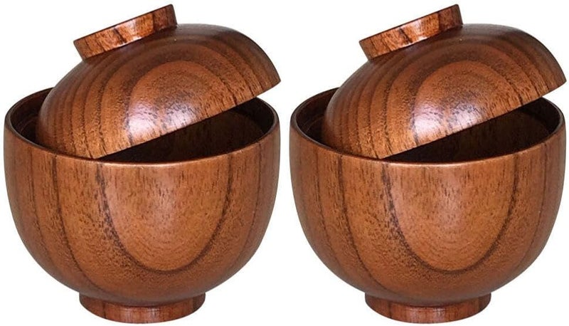 Luxshiny Miso Bowl with Lid 2pcs Wooden Japanese Bowls Lacquered Rice Bowls Traditional Soup Bowls Food Serving Bowl Salad Snack Bowls for Home Kitchen Restaurant Brown - Image 1