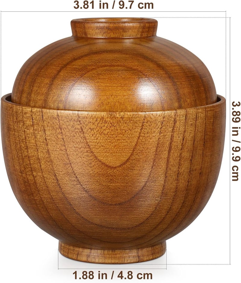 Luxshiny Miso Bowl with Lid 2pcs Wooden Japanese Bowls Lacquered Rice Bowls Traditional Soup Bowls Food Serving Bowl Salad Snack Bowls for Home Kitchen Restaurant Brown - Image 2