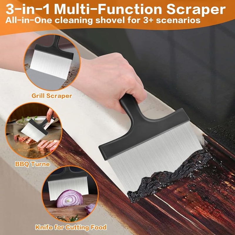 Heavy Duty Stainless Steel Grill Scraper, 3-in-1 Professional Griddle Scraper for Blackstone Grill Accessories with Comfort Grip Handle - for Flat Top Grill & Outdoor Barbecue Tools - Image 3