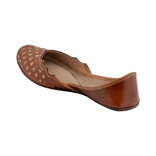 KORAKARI Women's Genuine Leather Traditional Ethnic Zendaya Handmade Punjabi Jutti, Leather Flat Comfortable Mojaris for Girls (Size: UK8, Tan) - Image 4