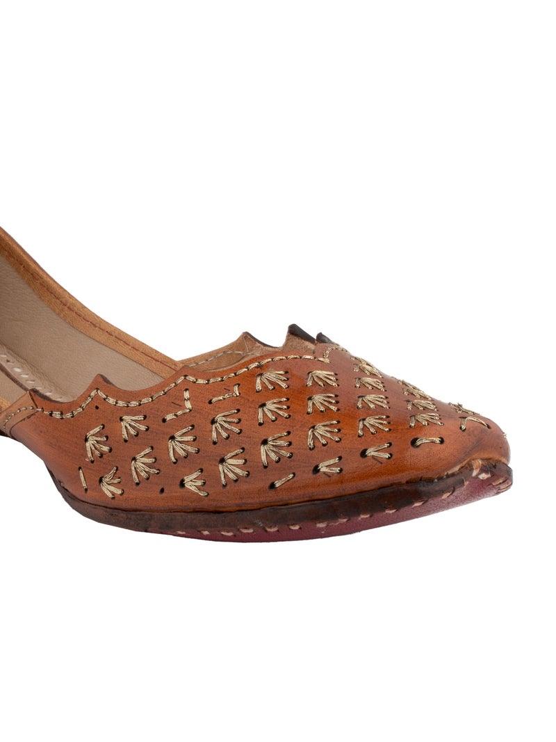KORAKARI Women's Genuine Leather Traditional Ethnic Zendaya Handmade Punjabi Jutti, Leather Flat Comfortable Mojaris for Girls (Size: UK8, Tan) - Image 2
