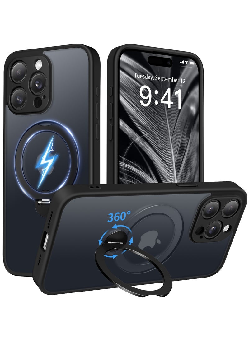 تونجيت جراب هاتف مغناطيسي لجهاز iPhone 14 Pro Max بتصميم حامل غير مرئي دوار بزاوية 360°، هيكل كامل مقاوم للصدمات والسقوط، جراب حماية شفاف عالي المتانة، متوافق تمامًا مع MagSafe، باللون الأسود.  - Image 1