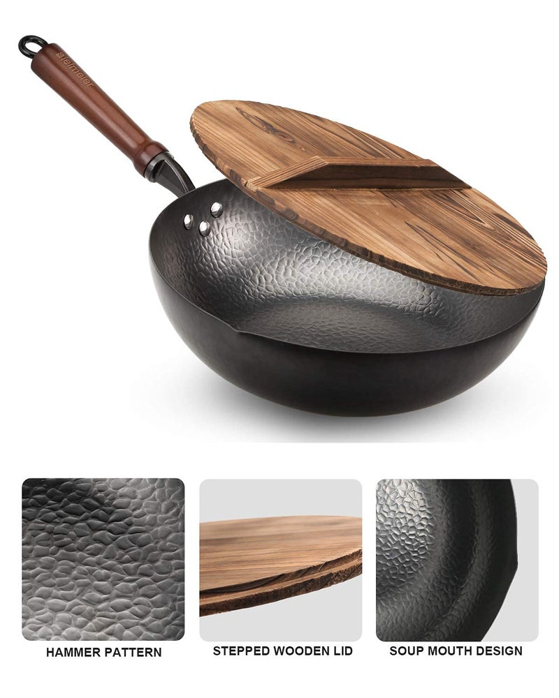 BIELMEIER Wok Pan 12.5", Woks and Stir Fry Pans with lid, Carbon Steel Wok with Cookware Accessories, Flat Bottom Suits for all Stoves - Image 4