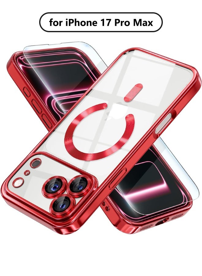 جراب مغناطيسي لهاتف iPhone 17 Pro Max مع واقي شاشة، متوافق مع MagSafe [لا يصفر أبدًا] [حماية من السقوط] واقي كامل لعدسة الكاميرا مع طلاء ناعم وشفاف، جراب هاتف للنساء، أحمر - Image 1