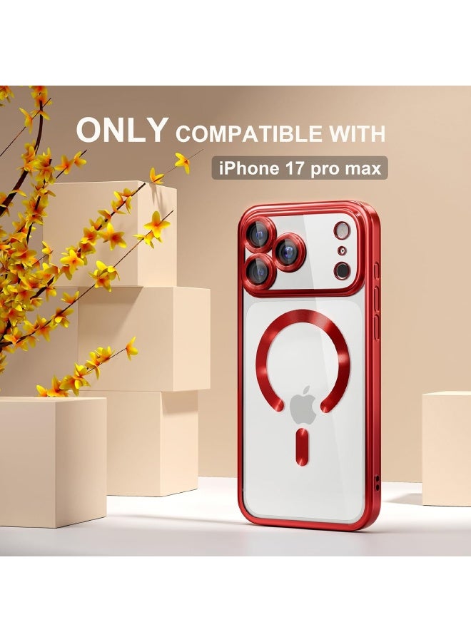 جراب مغناطيسي لهاتف iPhone 17 Pro Max مع واقي شاشة، متوافق مع MagSafe [لا يصفر أبدًا] [حماية من السقوط] واقي كامل لعدسة الكاميرا مع طلاء ناعم وشفاف، جراب هاتف للنساء، أحمر - Image 2