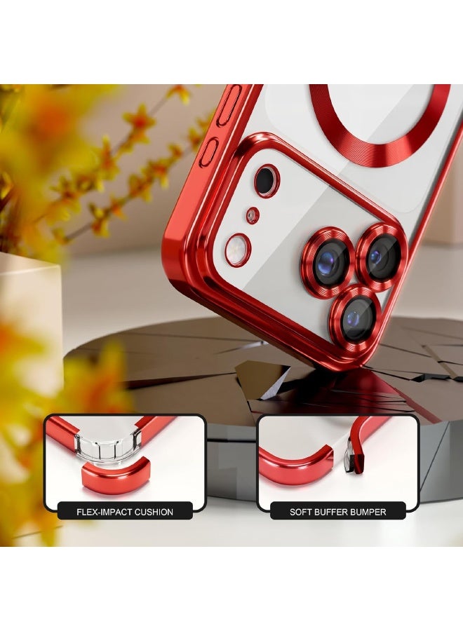 جراب مغناطيسي لهاتف iPhone 17 Pro Max مع واقي شاشة، متوافق مع MagSafe [لا يصفر أبدًا] [حماية من السقوط] واقي كامل لعدسة الكاميرا مع طلاء ناعم وشفاف، جراب هاتف للنساء، أحمر - Image 4