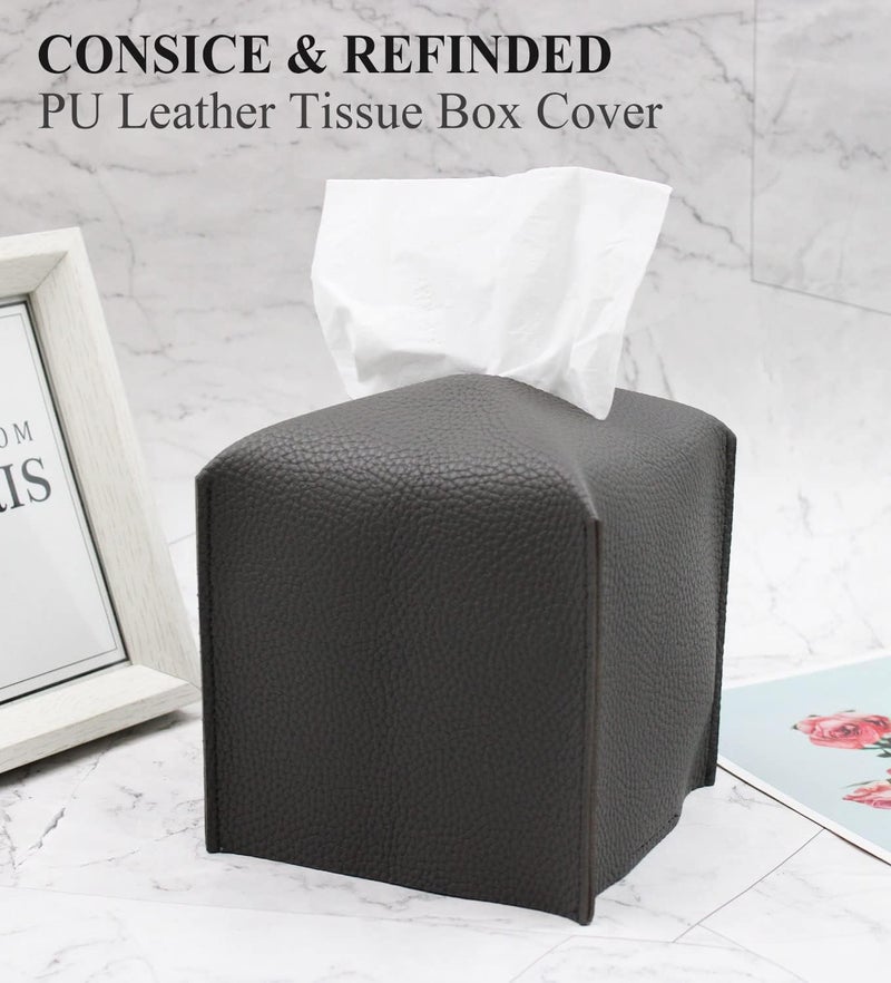 Livelab Tissue Box Cover, Square Decorative PU Leather Tissue Box Holder Modern Tissue Case Facial Paper Organizer Dispenser for Bathroom, Vanity Countertop, Night Stand, Desk, Car 5X5X5'' | Dark Gray - Image 2