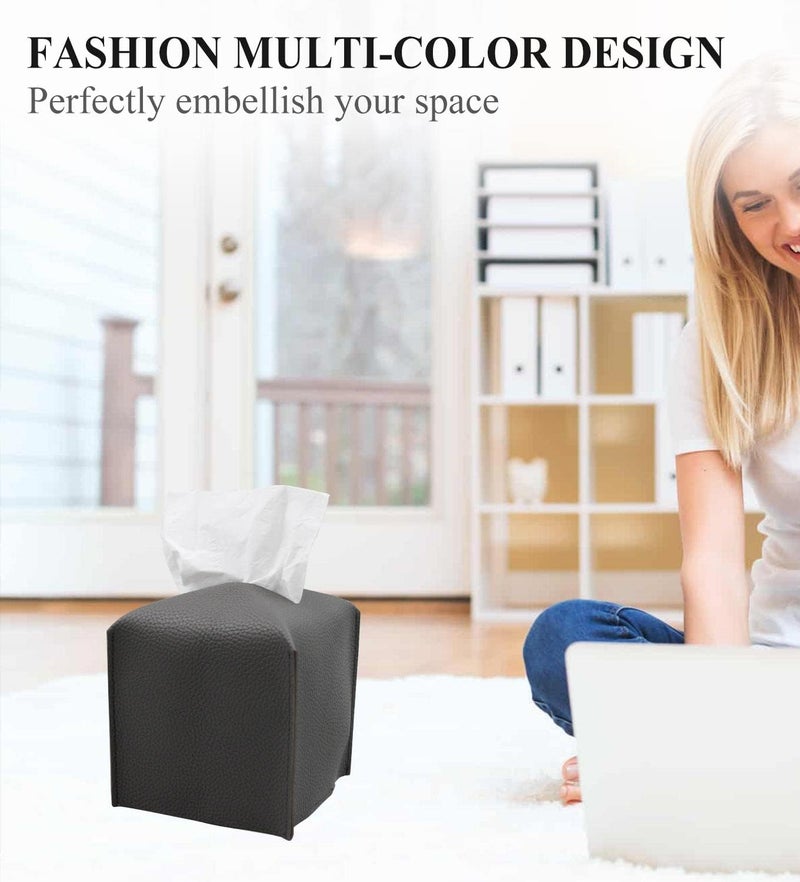 Livelab Tissue Box Cover, Square Decorative PU Leather Tissue Box Holder Modern Tissue Case Facial Paper Organizer Dispenser for Bathroom, Vanity Countertop, Night Stand, Desk, Car 5X5X5'' | Dark Gray - Image 3