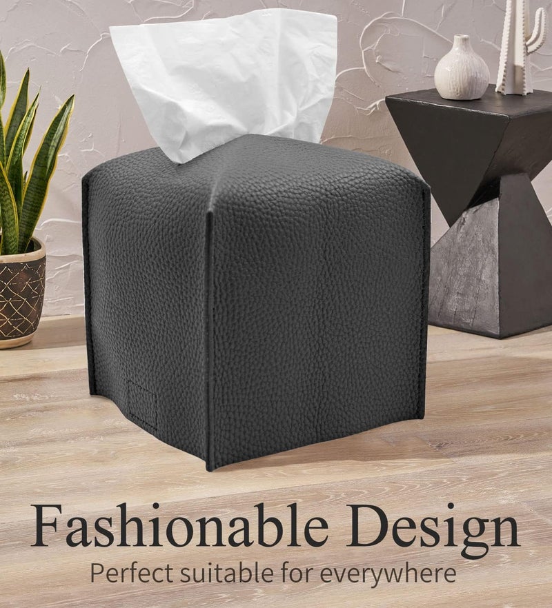 Livelab Tissue Box Cover, Square Decorative PU Leather Tissue Box Holder Modern Tissue Case Facial Paper Organizer Dispenser for Bathroom, Vanity Countertop, Night Stand, Desk, Car 5X5X5'' | Dark Gray - Image 4