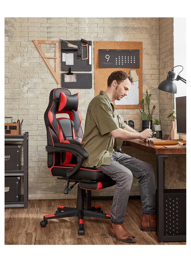 SONGMICS Modern Gaming Chair with Retractable Footrest, High Back, Reclining Function for Playstation, Height adjustible, Neck Lumbar Support Office, Gaming Station, Home, Study Room Black and Red Obg73Brv1  - Image 2