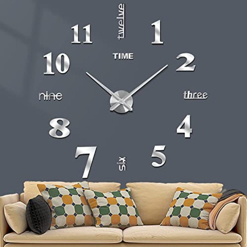 ALMEKAQUZ 3D DIY Wall ClockBig Size Wall Decorative Clocks Silent Non Ticking Movement Clocks for Living Room Bedroom Office Hotel Wall Decoration Silver - Image 1
