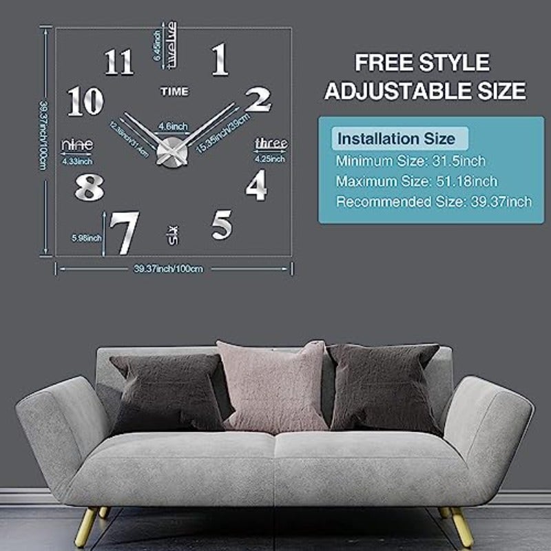 ALMEKAQUZ 3D DIY Wall ClockBig Size Wall Decorative Clocks Silent Non Ticking Movement Clocks for Living Room Bedroom Office Hotel Wall Decoration Silver - Image 2
