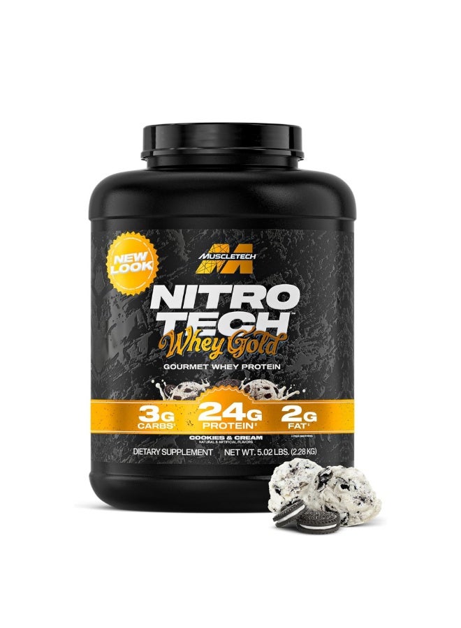 MuscleTech Nitro-Tech 100% Whey Gold Protein Powder, 24g Protein, 5.5g BCAAs, 4g Glutamine, Rapid Absorption, Cookies & Cream, 2.27kg (5Lb), 76 Servings - Image 1