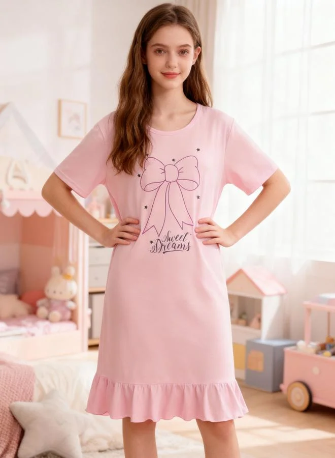 تايك تو قميص نوم بأكمام قصيرة بطبعة فيونكة