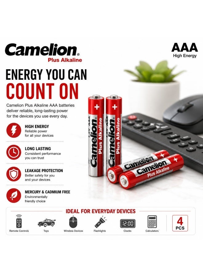 Camelion AAA Alkaline Batteries 4 Pack, 1.5V Triple A Long Life Battery for Wireless Devices, Remotes, Toys & Electronics - Image 2