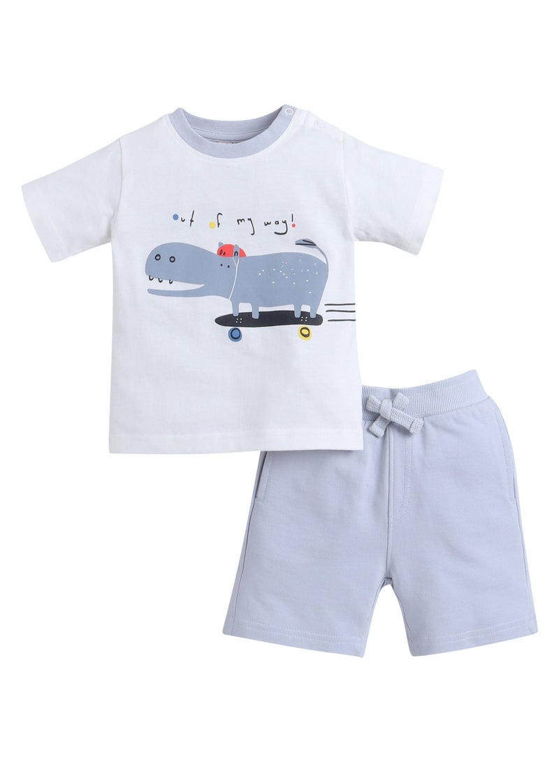 victor and jane Boys' 2pcs Cute Hippo Print Round Neck T-Shirt and Shorts Set - Image 3