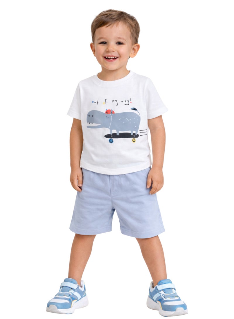 victor and jane Boys' 2pcs Cute Hippo Print Round Neck T-Shirt and Shorts Set - Image 1