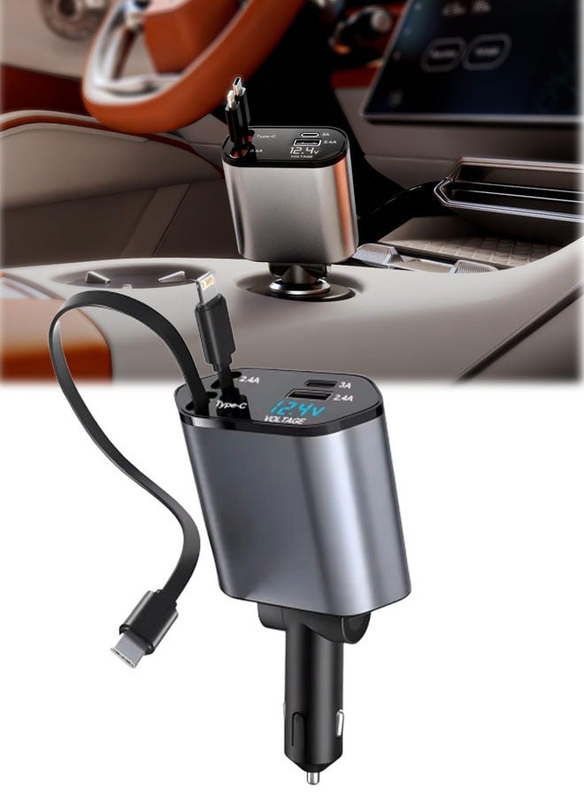 4 in 1 Car Fast Charger Retractable Type-C Car Mobile Phone Charger Cable Dual USB Interface High Power Voltage Display Compatible with iPhone/Android/Toyota Honda Ford Suzuki Kia  - Image 1