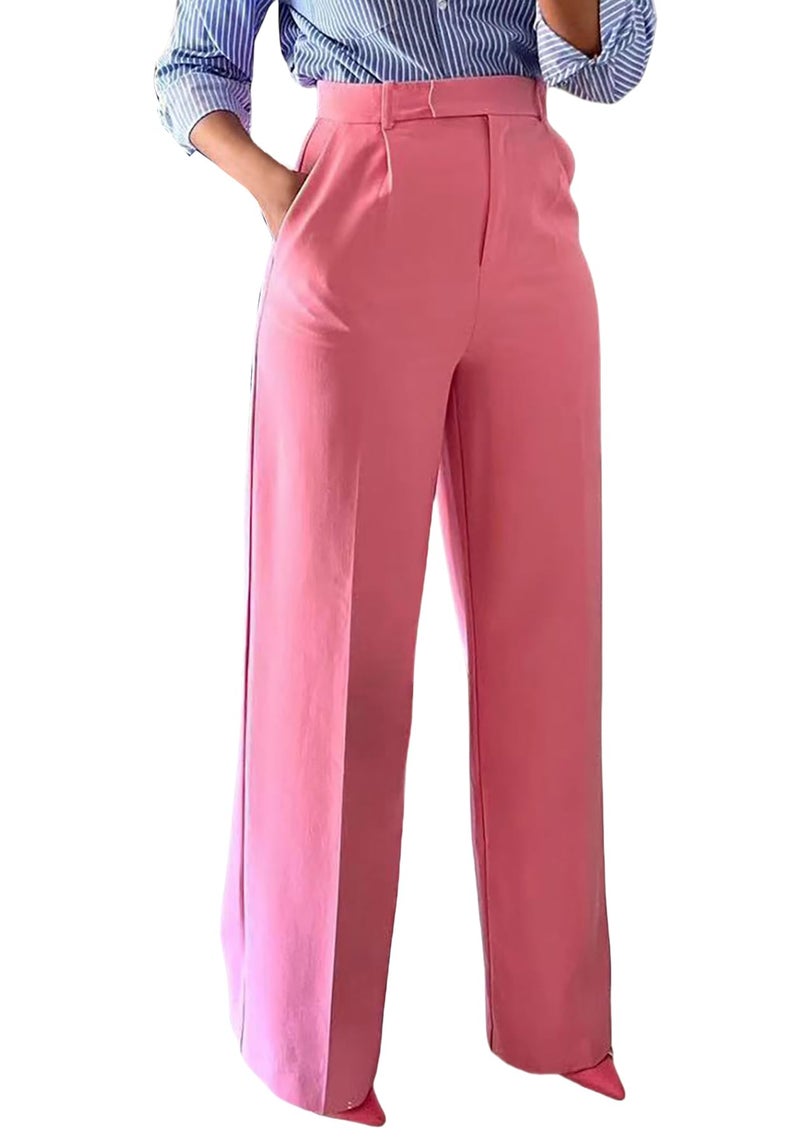 LKOUS Women's High Waisted Straight Wide Leg Dress Pants Stretchy Work Trousers with Pockets Business Casual Pink - Image 1