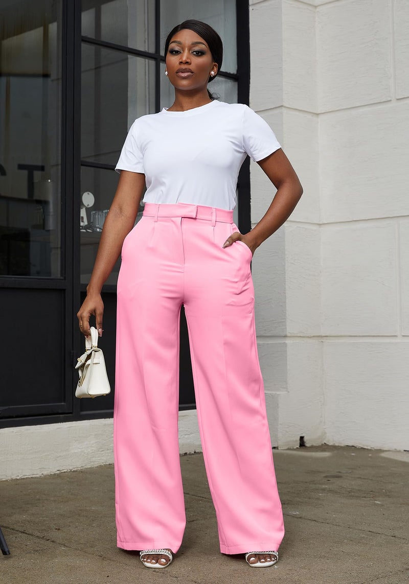 LKOUS Women's High Waisted Straight Wide Leg Dress Pants Stretchy Work Trousers with Pockets Business Casual Pink - Image 3