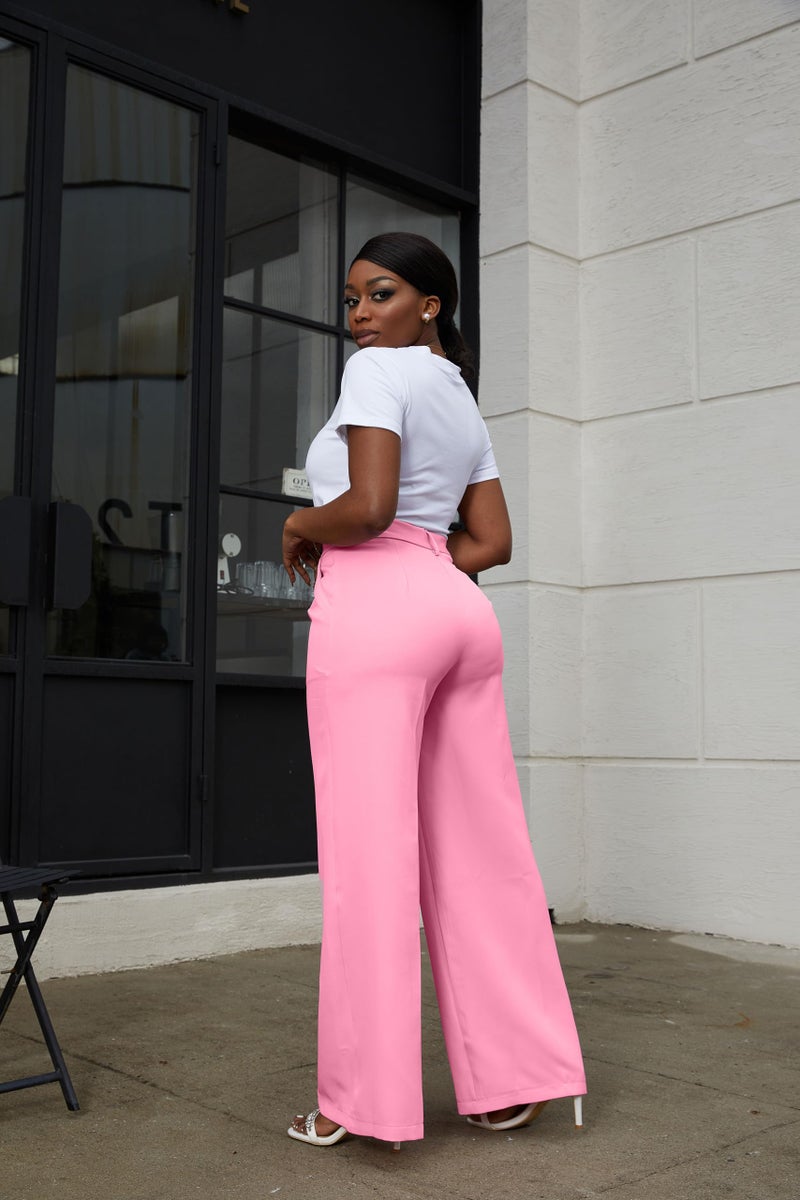 LKOUS Women's High Waisted Straight Wide Leg Dress Pants Stretchy Work Trousers with Pockets Business Casual Pink - Image 2