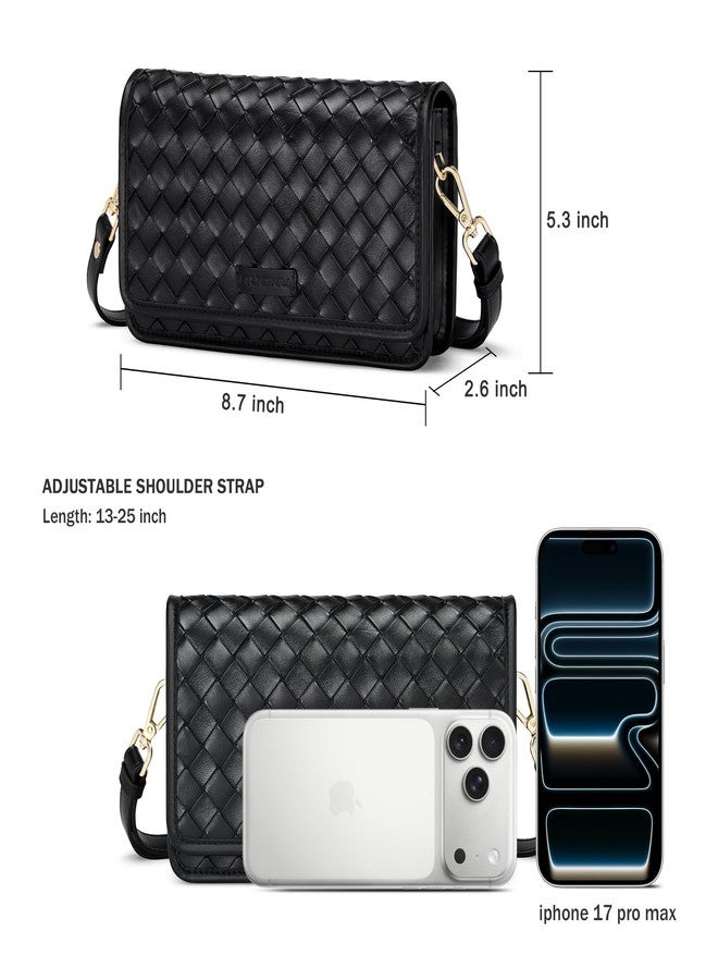 nuoku Striped Small Crossbody Bag for Women - Multi-Pocket Purse with 11 Card Slots, Phone Pocket & Back Pocket, Black Leather Crossbody Cell Phone Bag - Image 4