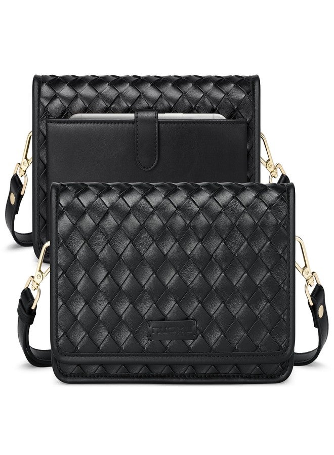 nuoku Striped Small Crossbody Bag for Women - Multi-Pocket Purse with 11 Card Slots, Phone Pocket & Back Pocket, Black Leather Crossbody Cell Phone Bag - Image 1