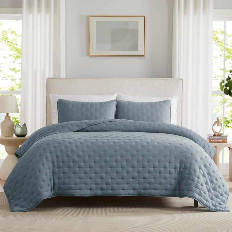 WDCOZY Blue Cloud Quilt Twin Size Bedding Set with Pillow Sham, Puffy Cozy Lightweight Bedspread Coverlet, Soft Cute Bed Cover for All Season - 2 Pieces, 68x90 inches - Image 1