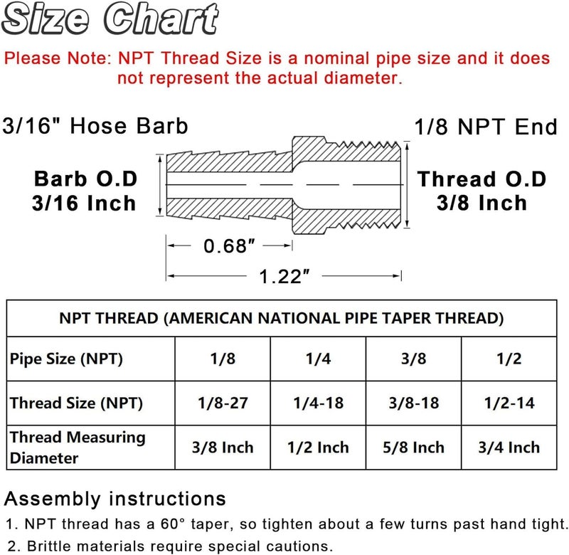 KOOTANS 4pcs Brass Hose Barb Fittings 3/16" Hose Barb to 1/8 NPT Male Thread Air Hose Fittings Brass Quick Coupler Air M Type Adapter Connector Fitting - Image 2