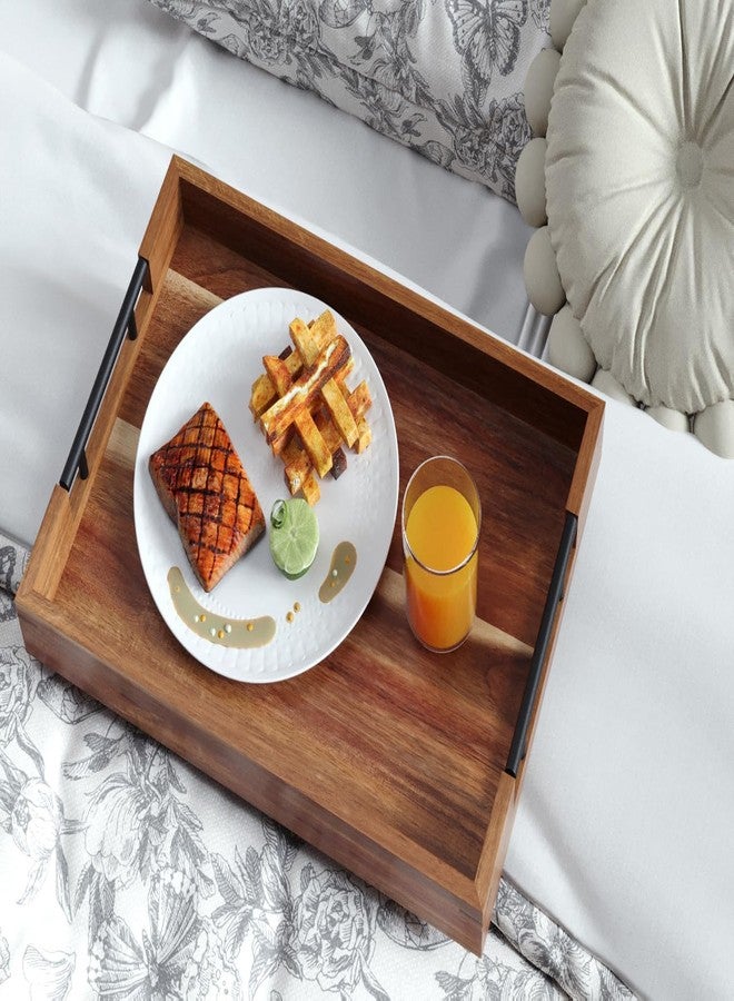 Fibogollo Acacia Wood Set of 2 Serving Tray with Metal Handles,Ottoman Decorative Trays Platter for Coffee Table,Living Room,Bar,Party - Image 2