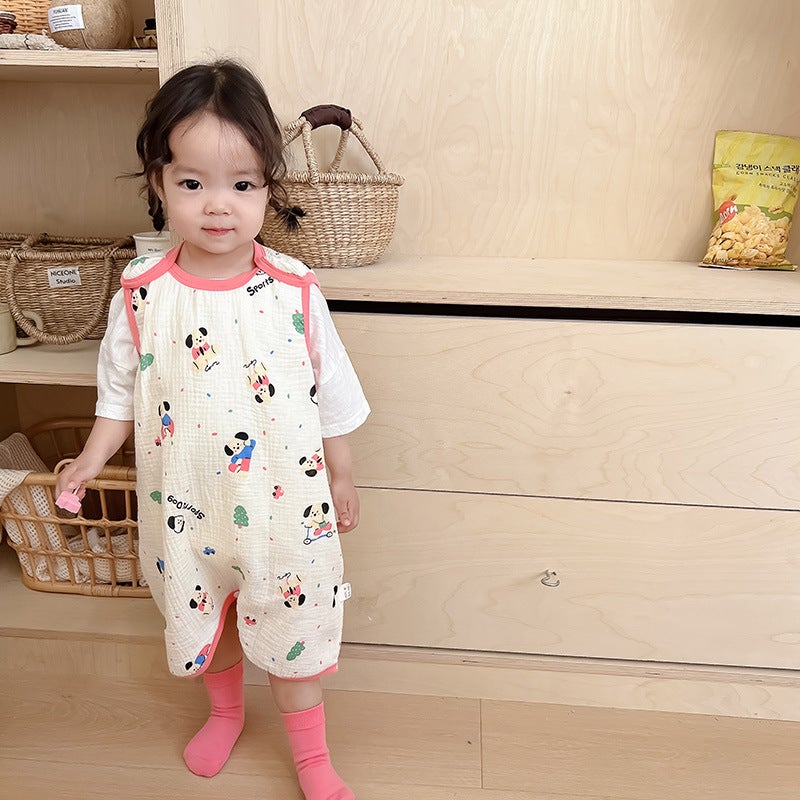 Baby Vest Sleeping Bag Summer Thin Gauze Pure Cotton Baby Kick-proof Sleeveless Childrens Pajamas Air-conditioned Room Anti-cold Skateboard puppy (a seersucker) front four and back two