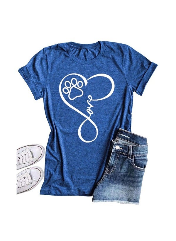 Generic - Cute Dog Paw Classic Letter Love Print Short Sleeve T-Shirt Versatile Personality Cotton Modal Fabric Cartoon Pattern Fresh Sweet Style for Men Blue - Image 1