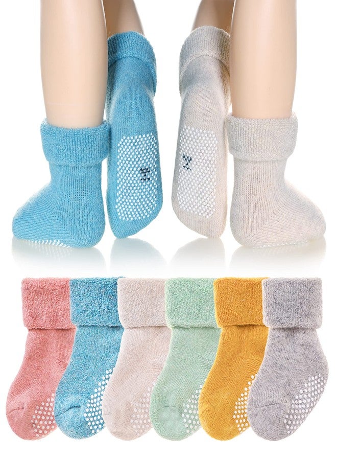 Eyean Baby Wool Grip Sock Soft Winter Warm Thick Non Slip Toddler Boy Girls Crew Socks For Children 6 Pairs (Solid Color-A, 1-3 Years) - Image 1