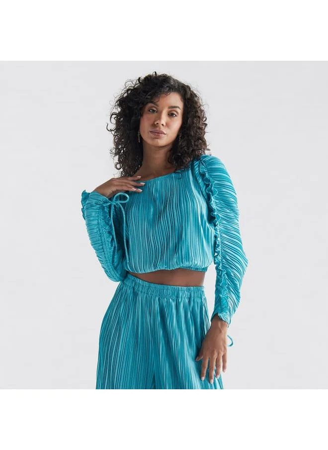 FAV Pleated Crop Top with Balloon Sleeves and Ruffle Detail