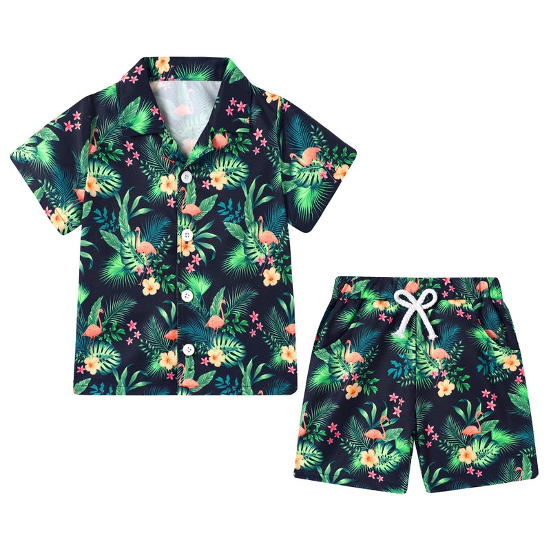 YUEMION Boys Hawaiian Outfit 2Pcs Set Summer Beach Button-Down Shirt Top + Shorts for Kids(Navy blue - flamingo, 6-7 Years) - Image 1
