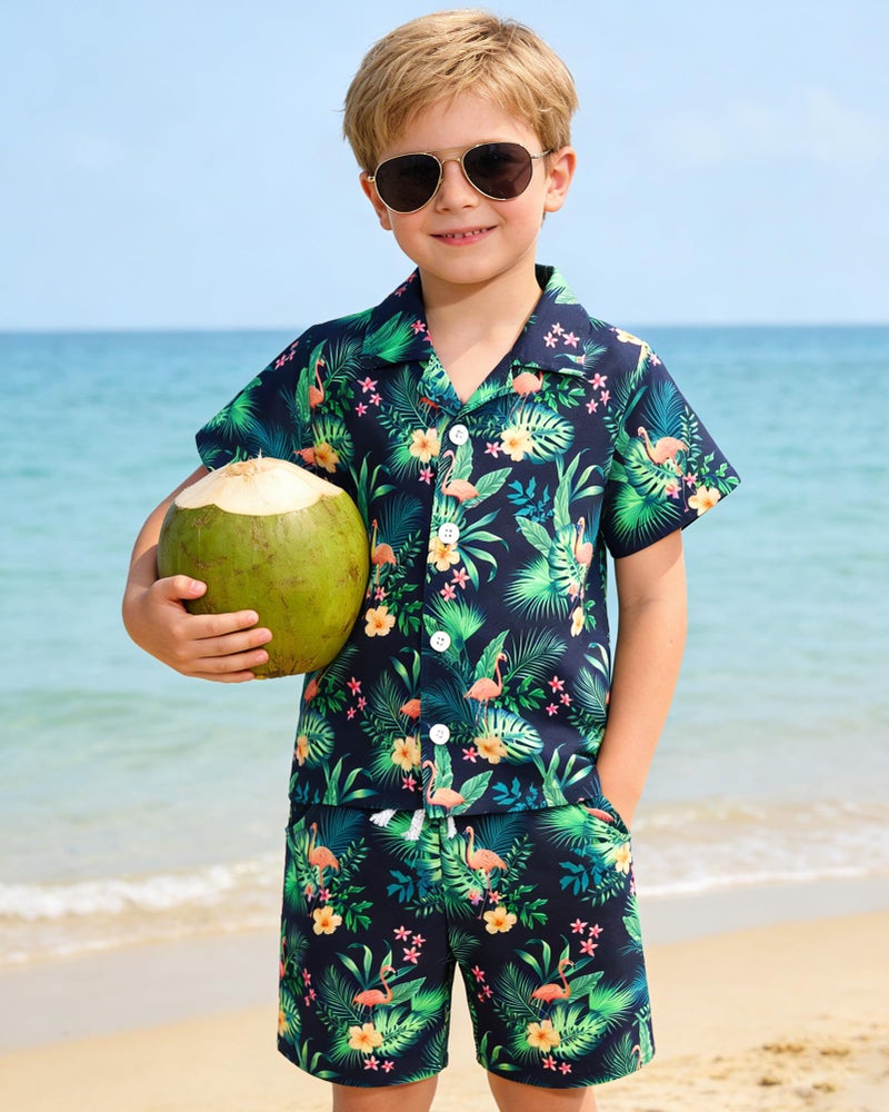 YUEMION Boys Hawaiian Outfit 2Pcs Set Summer Beach Button-Down Shirt Top + Shorts for Kids(Navy blue - flamingo, 6-7 Years) - Image 4