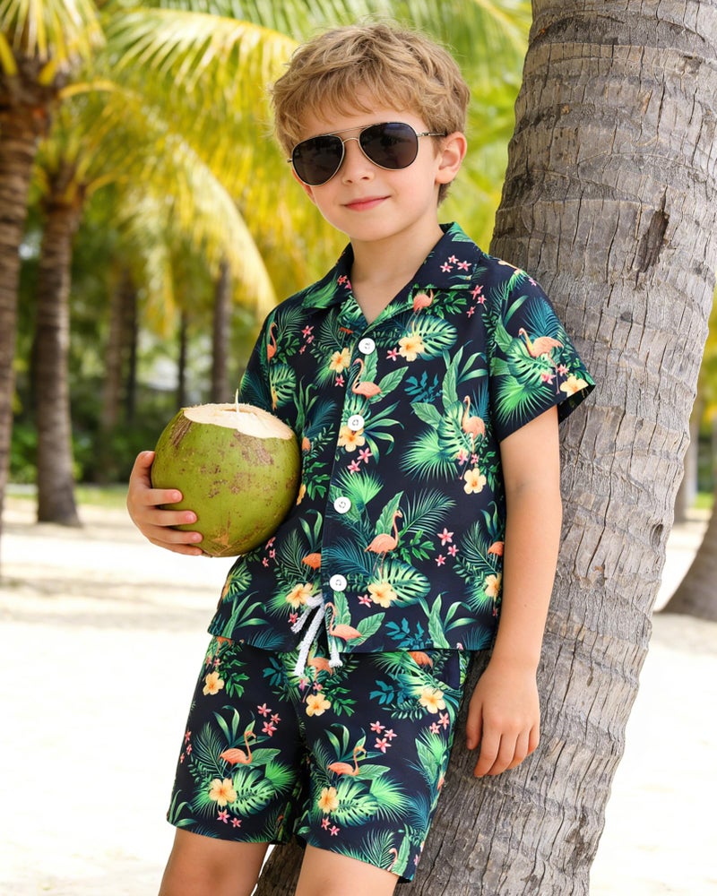 YUEMION Boys Hawaiian Outfit 2Pcs Set Summer Beach Button-Down Shirt Top + Shorts for Kids(Navy blue - flamingo, 6-7 Years) - Image 3