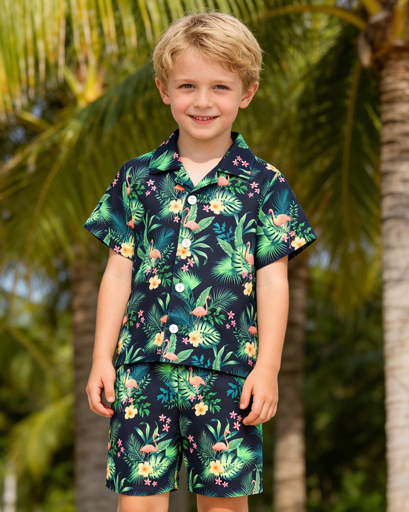 YUEMION Boys Hawaiian Outfit 2Pcs Set Summer Beach Button-Down Shirt Top + Shorts for Kids(Navy blue - flamingo, 6-7 Years) - Image 2