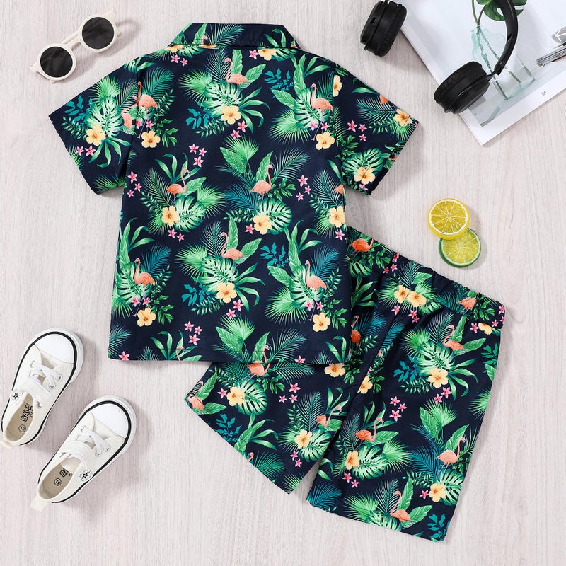 YUEMION Boys Hawaiian Outfit 2Pcs Set Summer Beach Button-Down Shirt Top + Shorts for Kids(Navy blue - flamingo, 6-7 Years) - Image 5